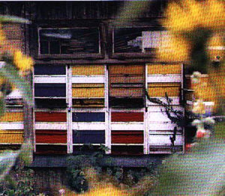 Bild: Bienenhaus aus den frühen 60er Jahren des letzten Jahrhunderts mit »Martins-Auszugsbeuten« am Bahndamm