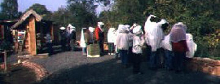 Bild: Eine Schulklasse hilft dabei, den Schaukasten winterfest zu machen. Im Hintergrund ist die Nistwand und das Bienenhaus auf dem ehemaligen Bahndamm zu sehen.